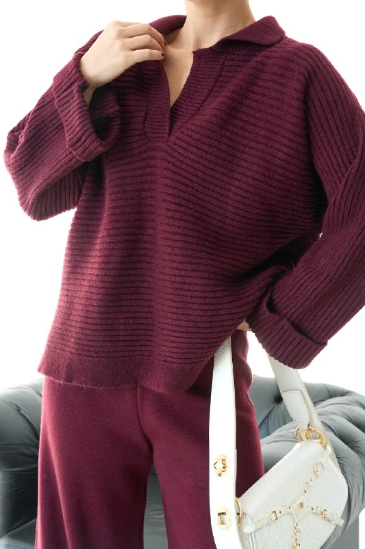 Kadın Kaburga Örgü Uzun Kollu Polo Yaka Kazak Tuniği - Bordo