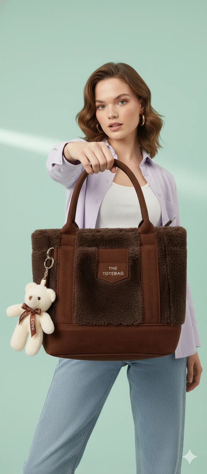Kürk ve Teddy Ayıcıklı Tüylü Mini Tote Çanta - Koyu Kahve