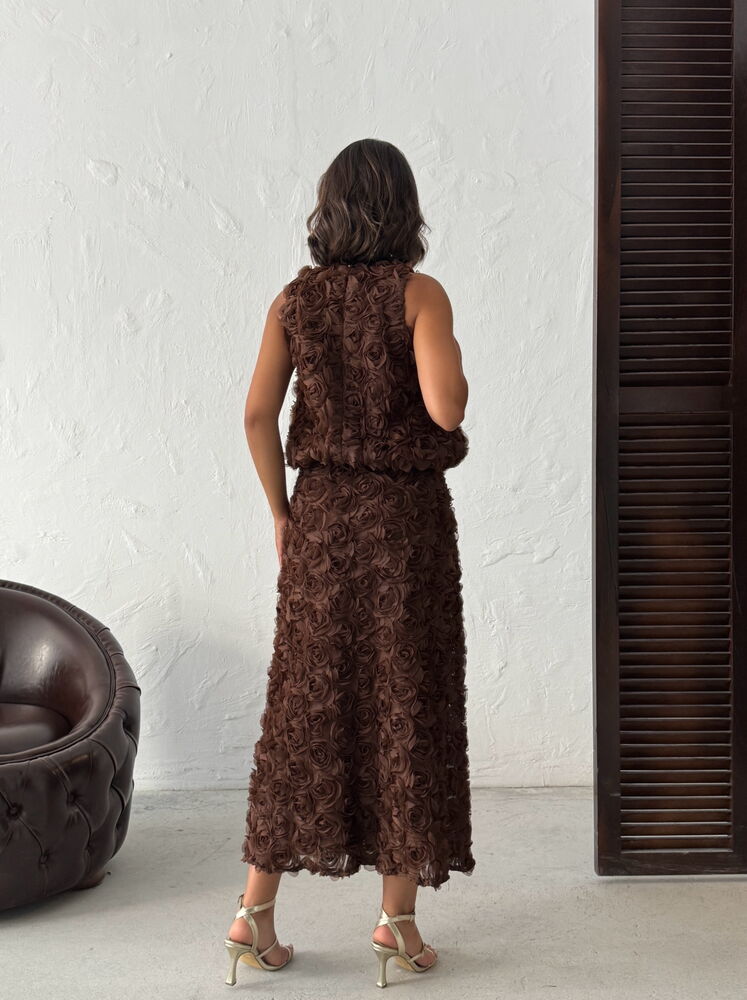 Gül Desenli Tül  Etek - Kahverengi