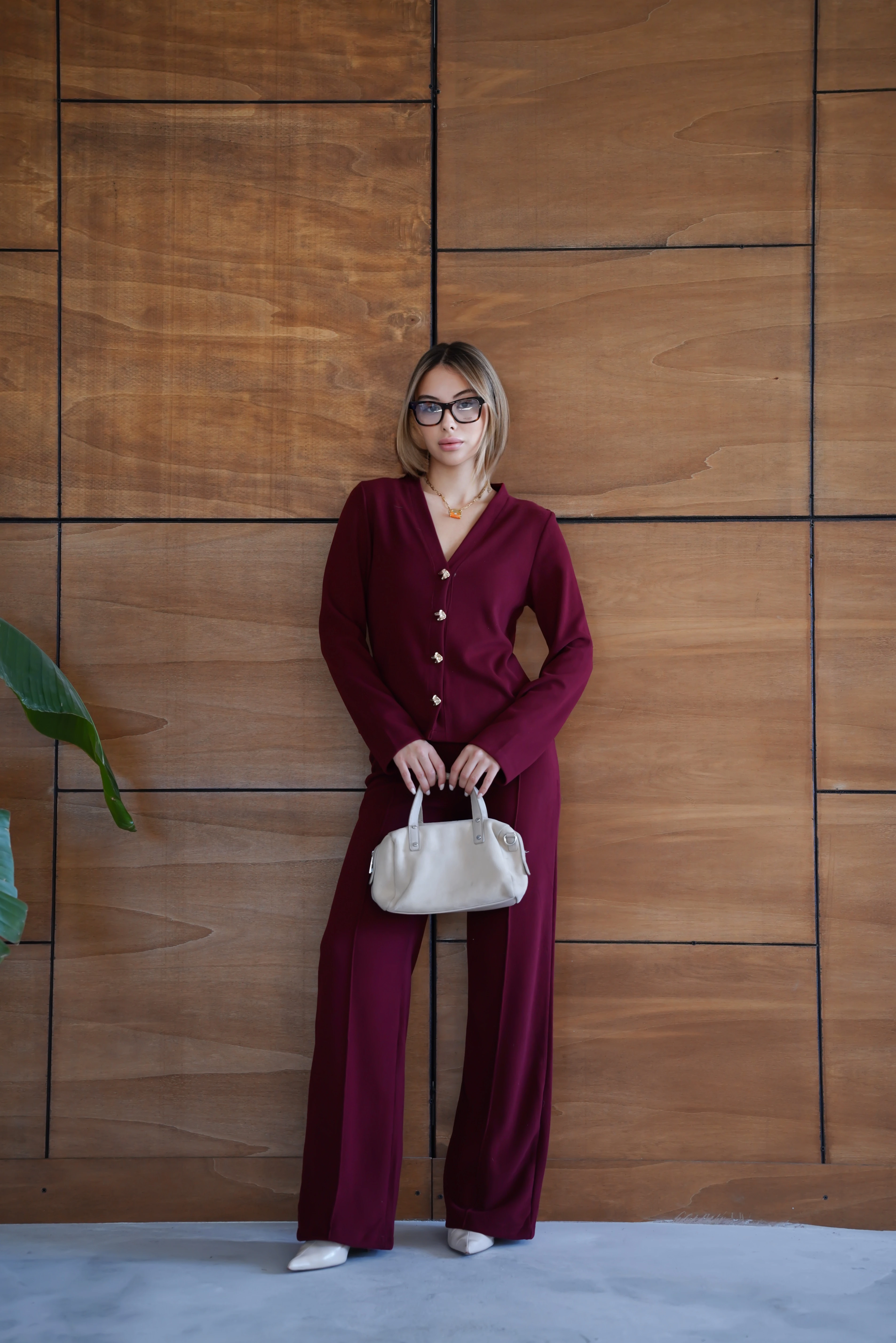 Selanik Kumaş Geniş Paça Düğmeli Ceketli Kadın Takım - Bordo