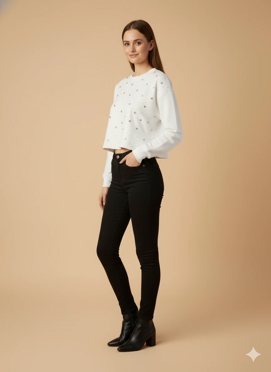 Kadın Uzun Kollu Kısa Kazak Taşlı Detaylı Crop Üst Giyim