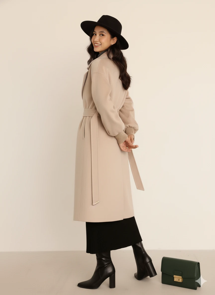Kadın Siyah Kaşe Uzun Kaban Maksi Boy Palto Geniş Yakalı Düz ​​Kesim Kışlık  - Bej