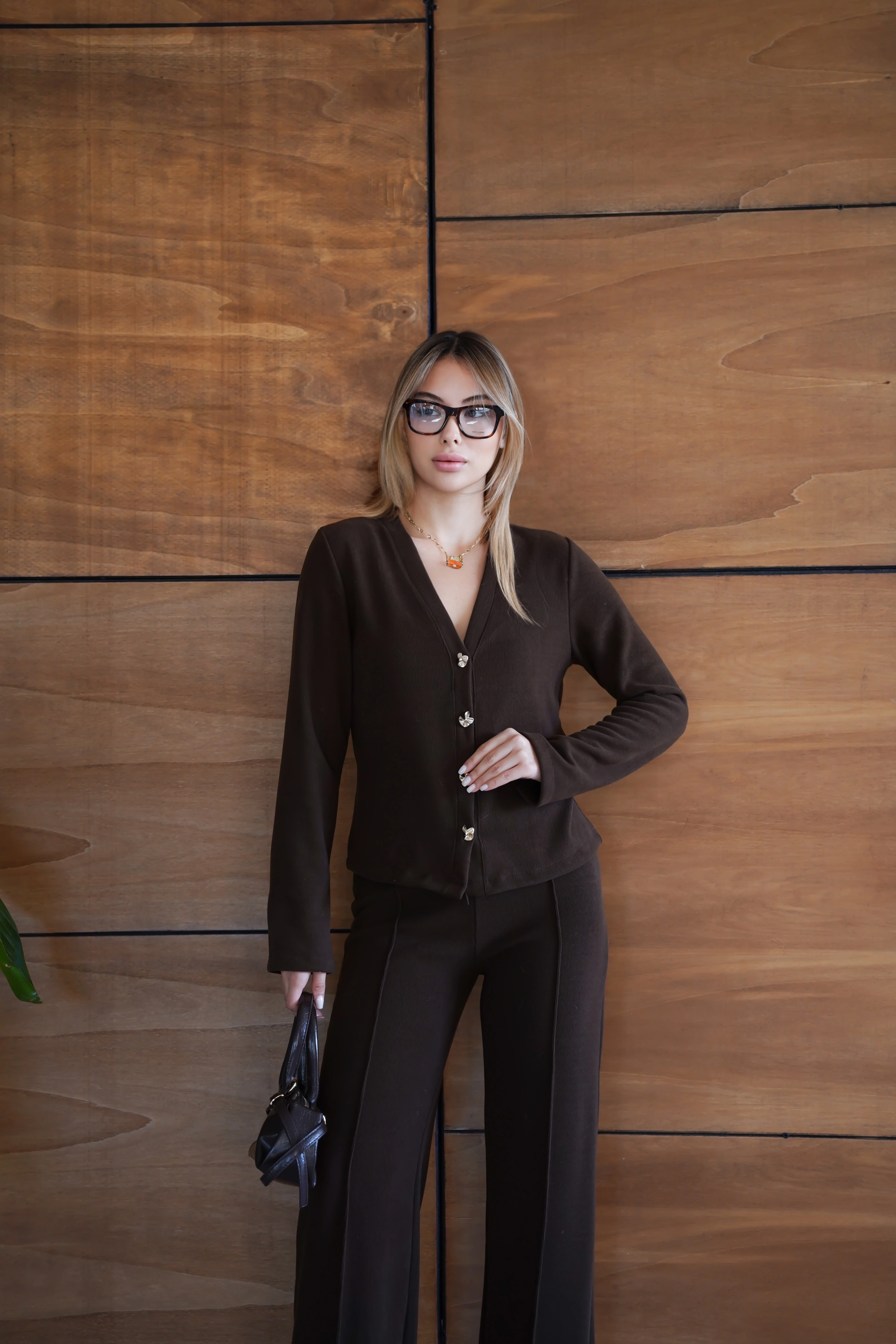 Selanik Kumaş Geniş Paça Düğmeli Ceketli Kadın Takım - Siyah