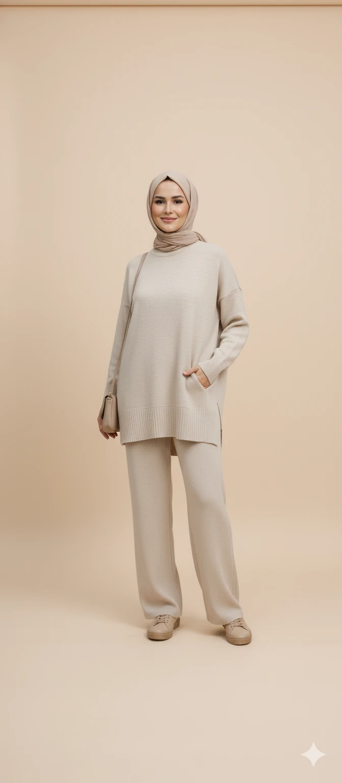 Triko Tunik Pantolon Tesettür Takım - Taş