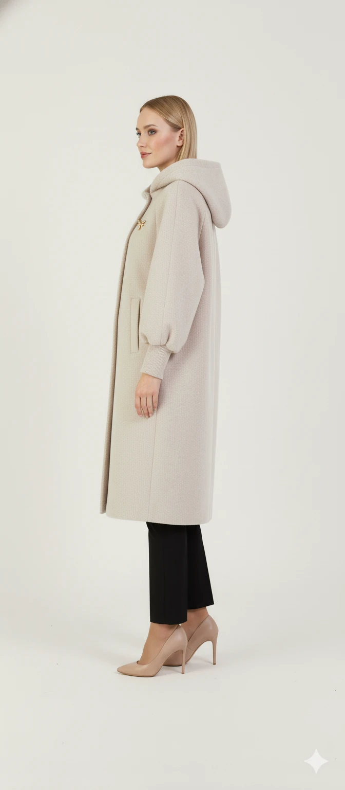 Kadın Gri Kapüşonlu Balon Kol Fermuarlı Kaban Oversize Midi Boy Kışlık Kaşe Mont - Taş