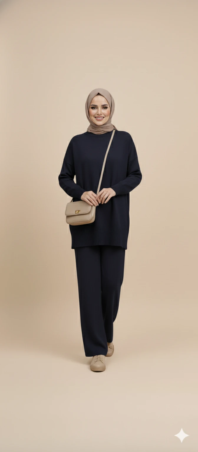 Triko Tunik Pantolon Tesettür Takım - Lacivert