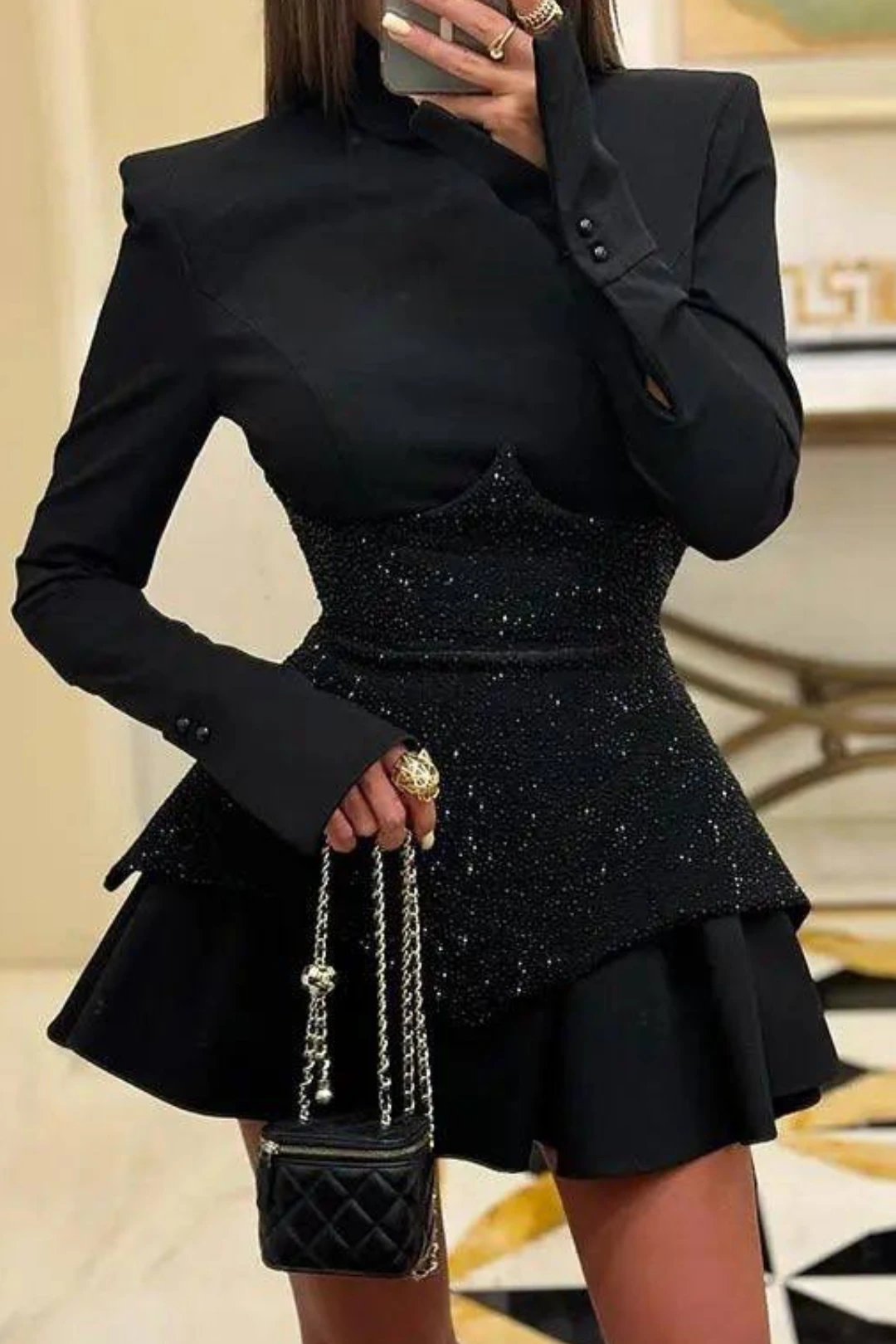 Uzun Kollu Işıltı Mini Elbise - Kristal Elmas Detaylı Kadın