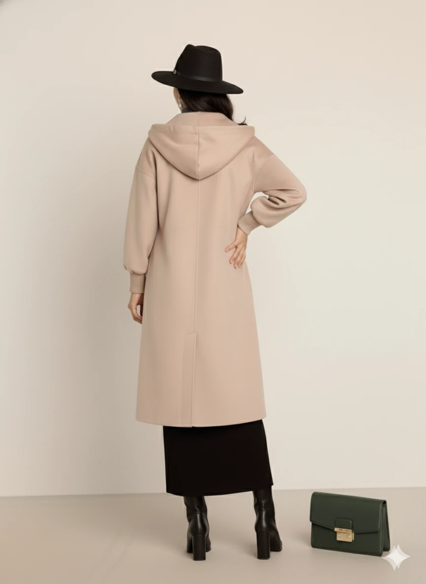 Kadın Oversize Bol Kesim Diz Üstü Siyah Kaban Büyük Cepli Yünlü Kumaş Kapüşon Detaylı - Bej