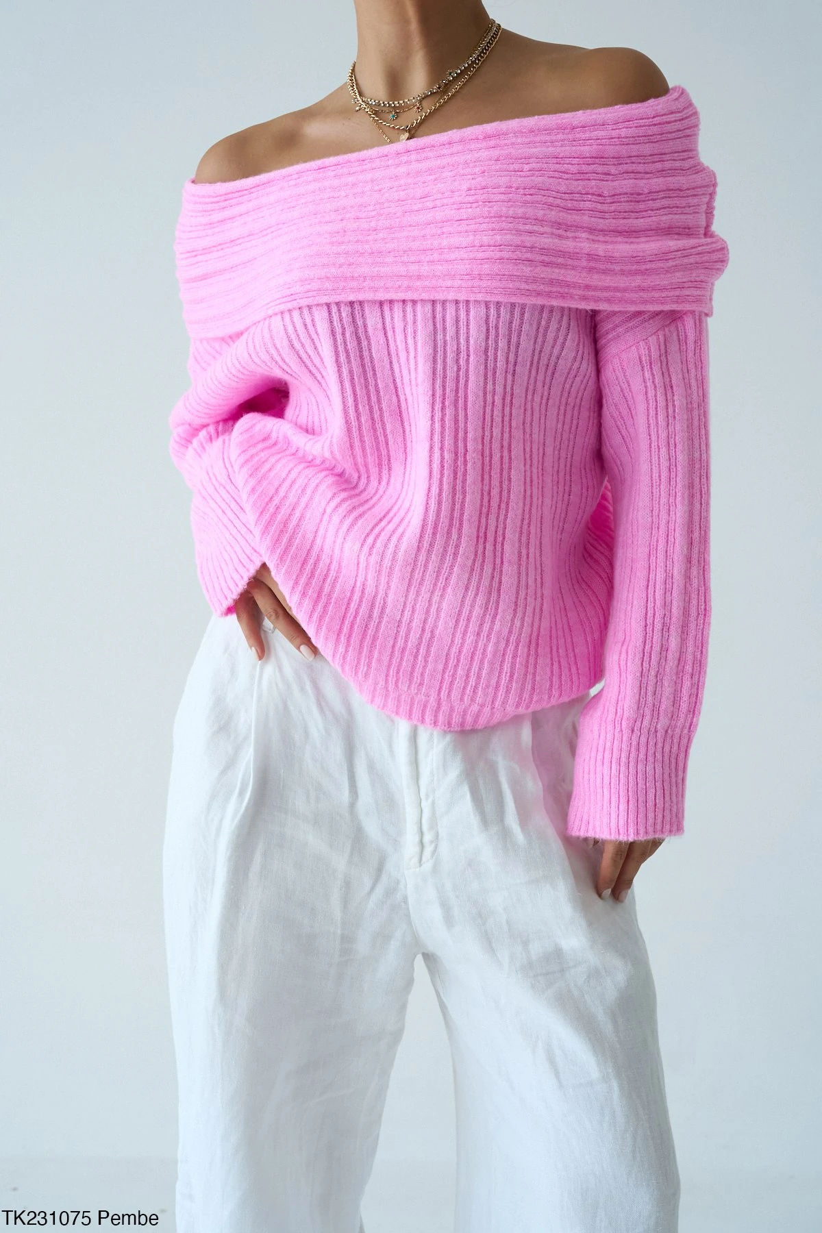 Kadın Omuz Açık Kaburga Örgü Geniş Yaka Büyük Boy Kazak - Pembe