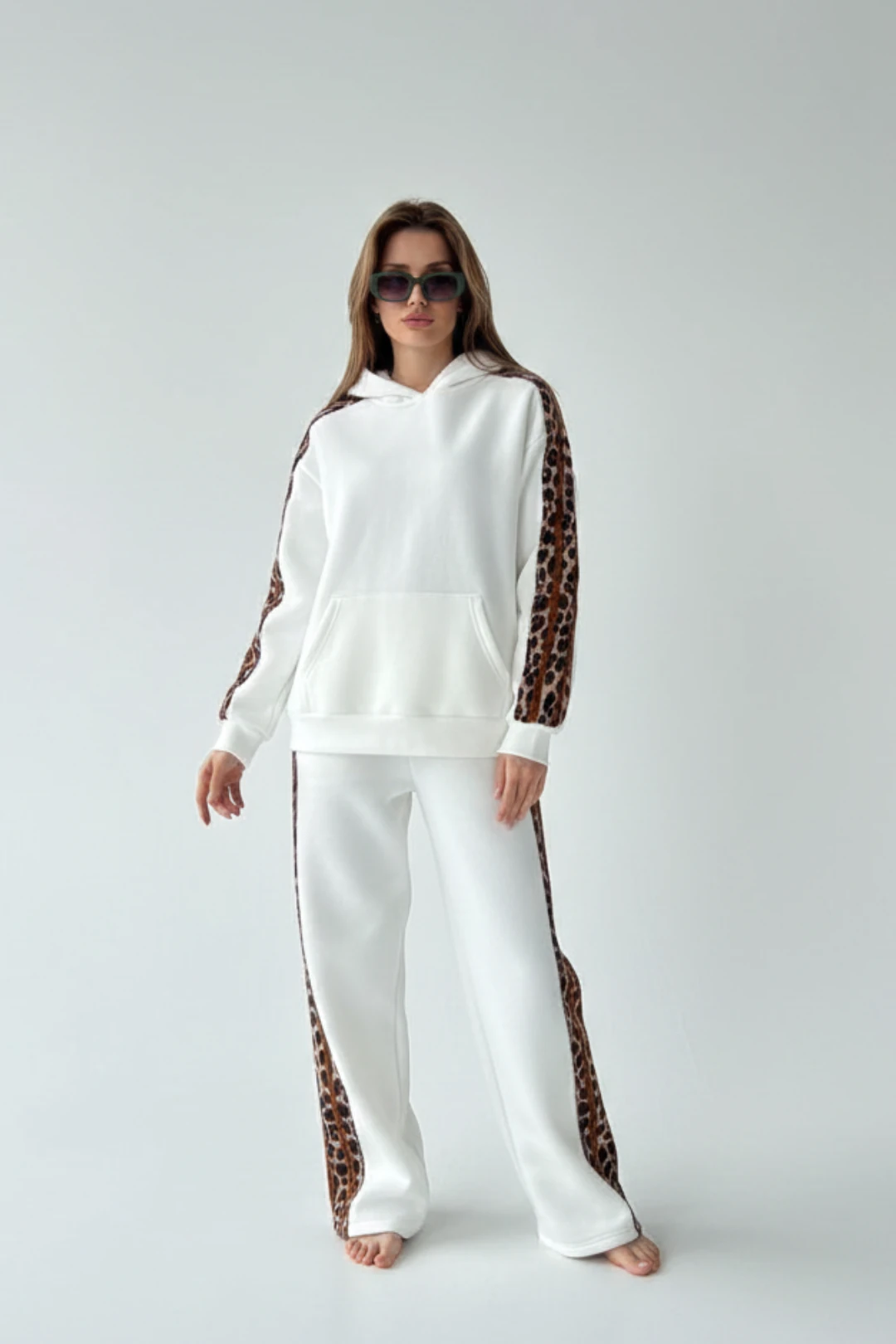  Leopar Detaylı Oversize Eşofman Takımı - Ekru