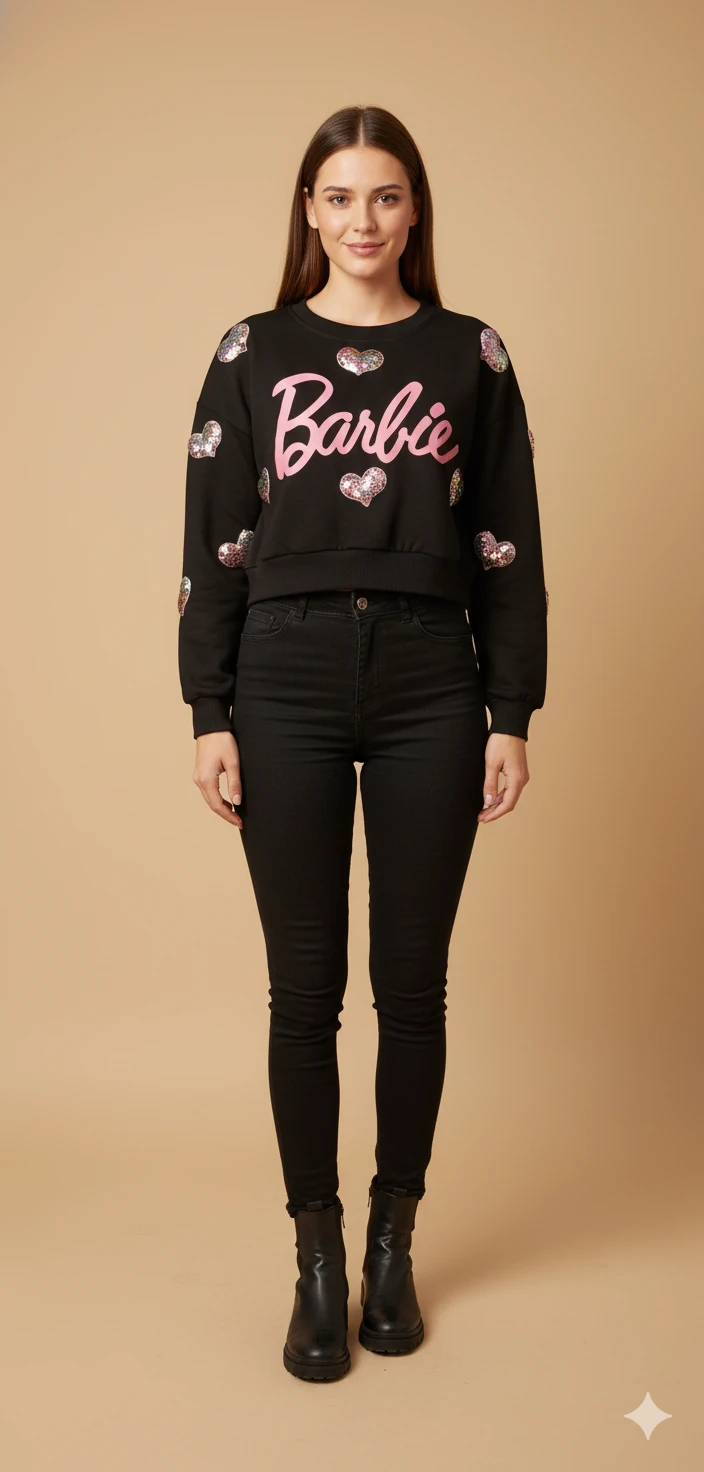 Kadın Barbie Yazılı Crop Sweat Payetli Kalp Detaylı Yuvarlak Yaka Basic Kısa Sweat - Siyah