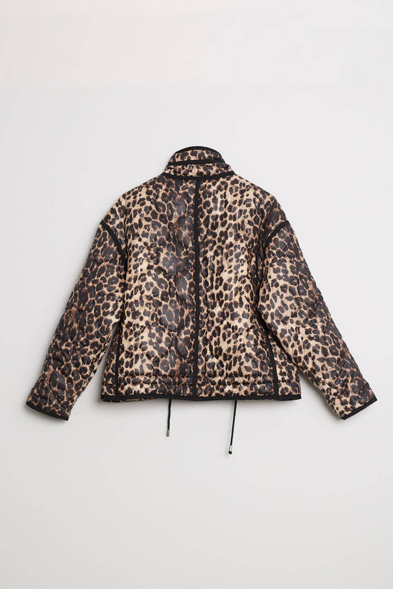Kadın Leopar Desenli Kapitone Crop Şişme Mont Dik Yaka Kısa Kışlık Puffer Ceket