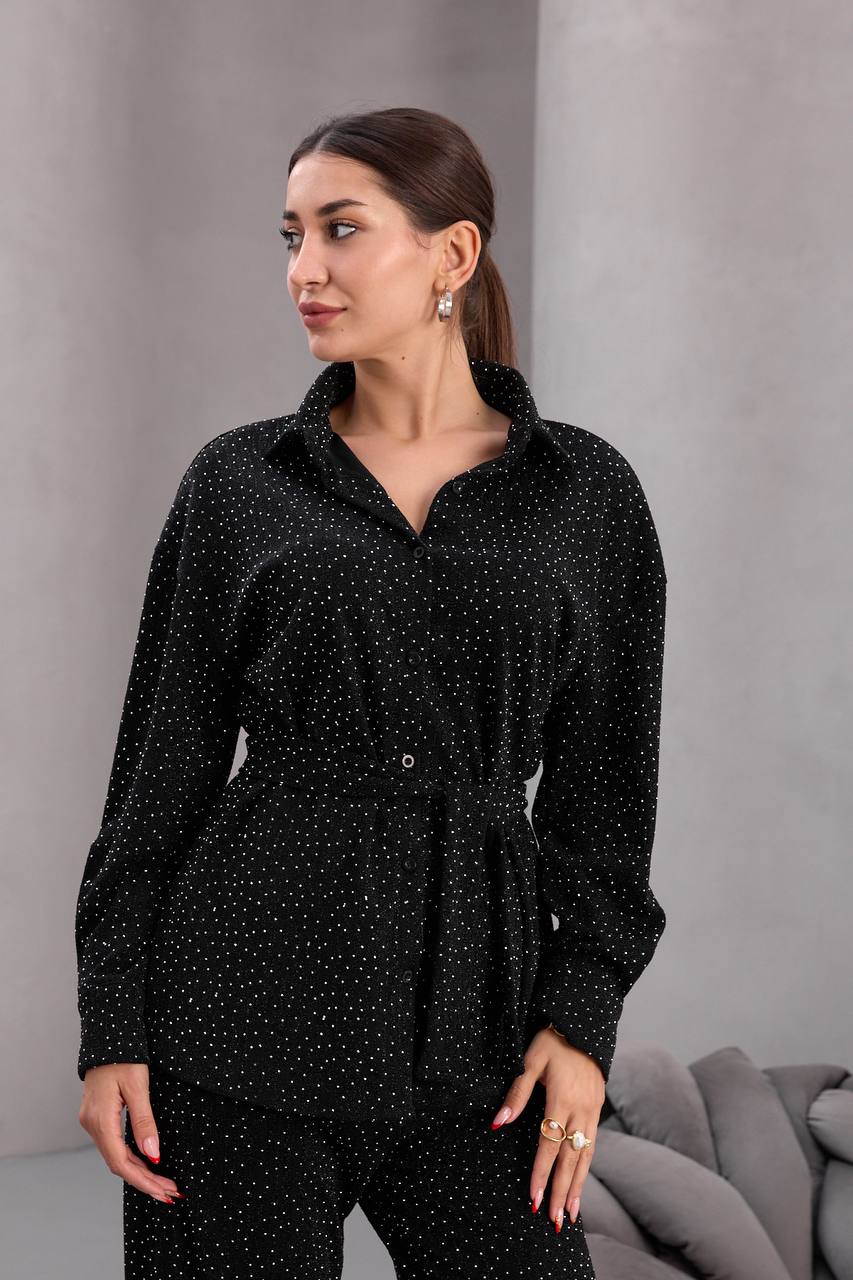 Kadın Siyah Fiyonklu Oversize Gömlek Ve Bağcıklı Beli Lastikli Taş İşlemeli İkili Takım