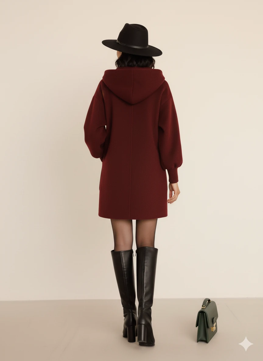 Kadın Oversize Bol Kesim Diz Üstü Siyah Kaban Büyük Cepli Yünlü Kumaş Kapüşon Detaylı - Bordo