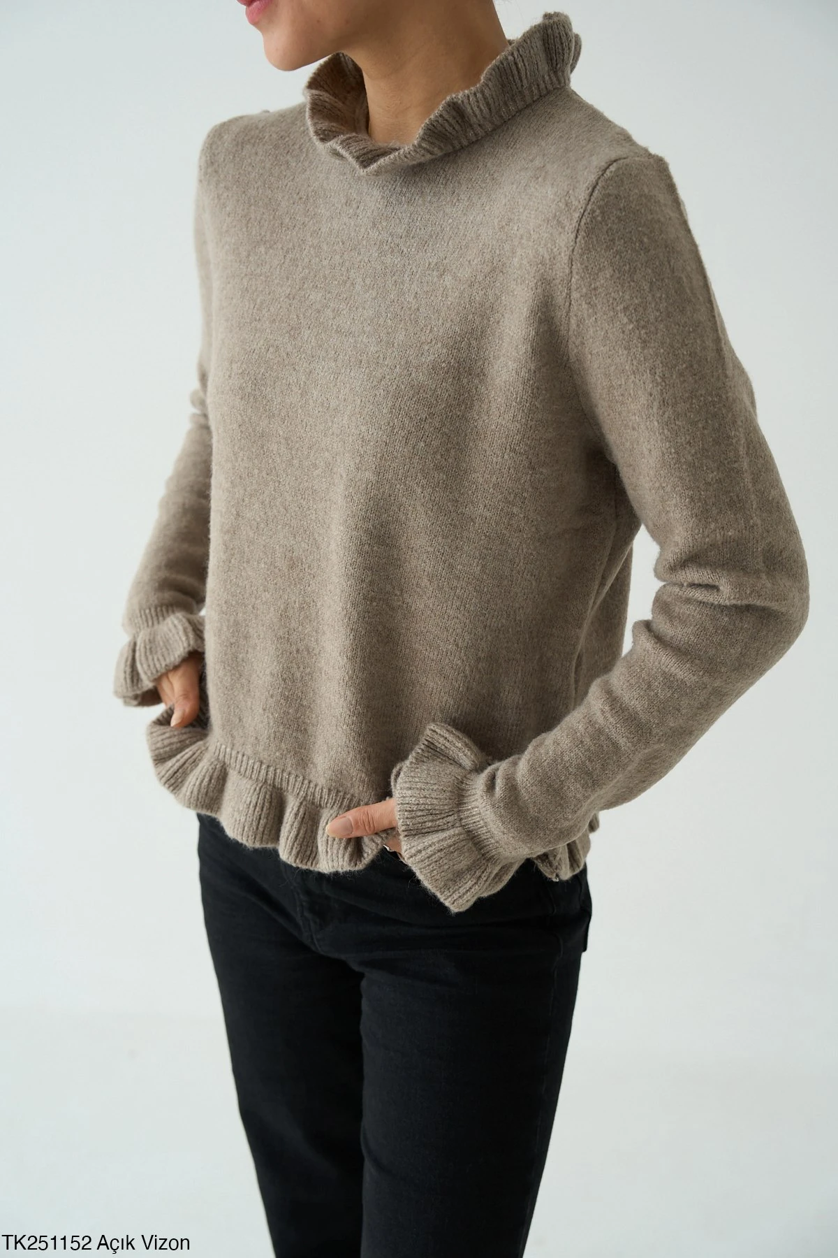 Fırfır Detaylı Viskon Triko Kazak - Vizon