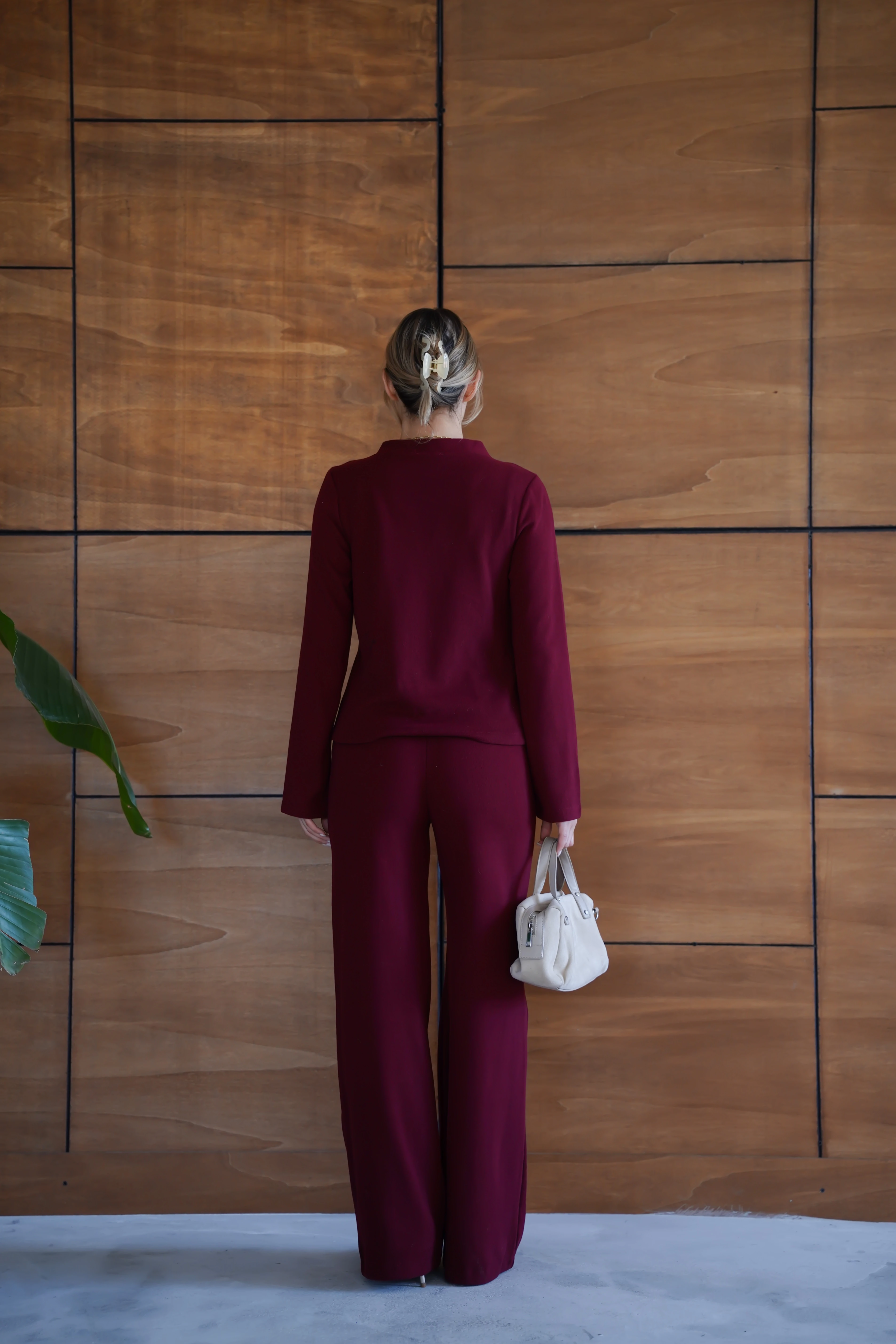 Selanik Kumaş Geniş Paça Düğmeli Ceketli Kadın Takım - Bordo