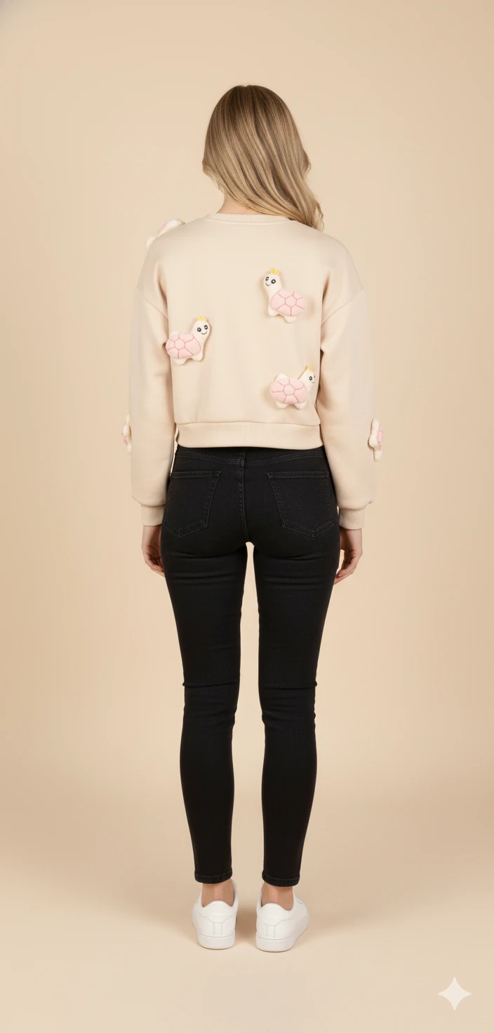 Kadın 3D Figürlü Crop Sweat Kabartmalı Karakter Desenli Bisiklet Yaka Uzun Kollu Kısa Sweat - Siyah