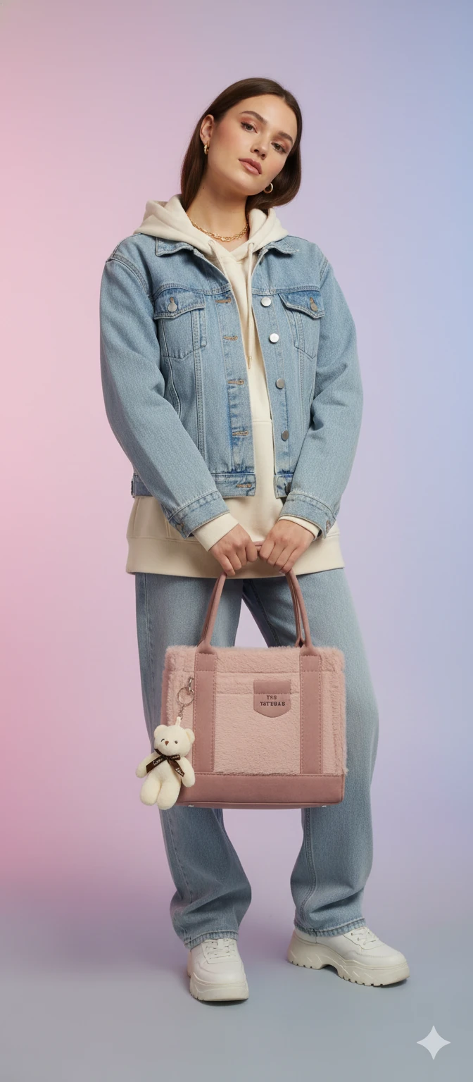 Kürk ve Teddy Ayıcıklı Tüylü Mini Tote Çanta - Pembe