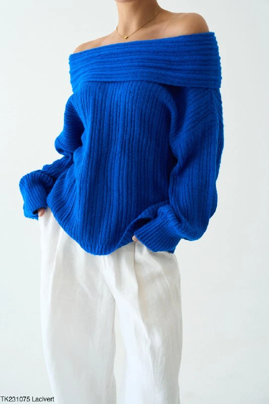 Kadın Omuz Açık Kaburga Örgü Geniş Yaka Büyük Boy Kazak - Lacivert