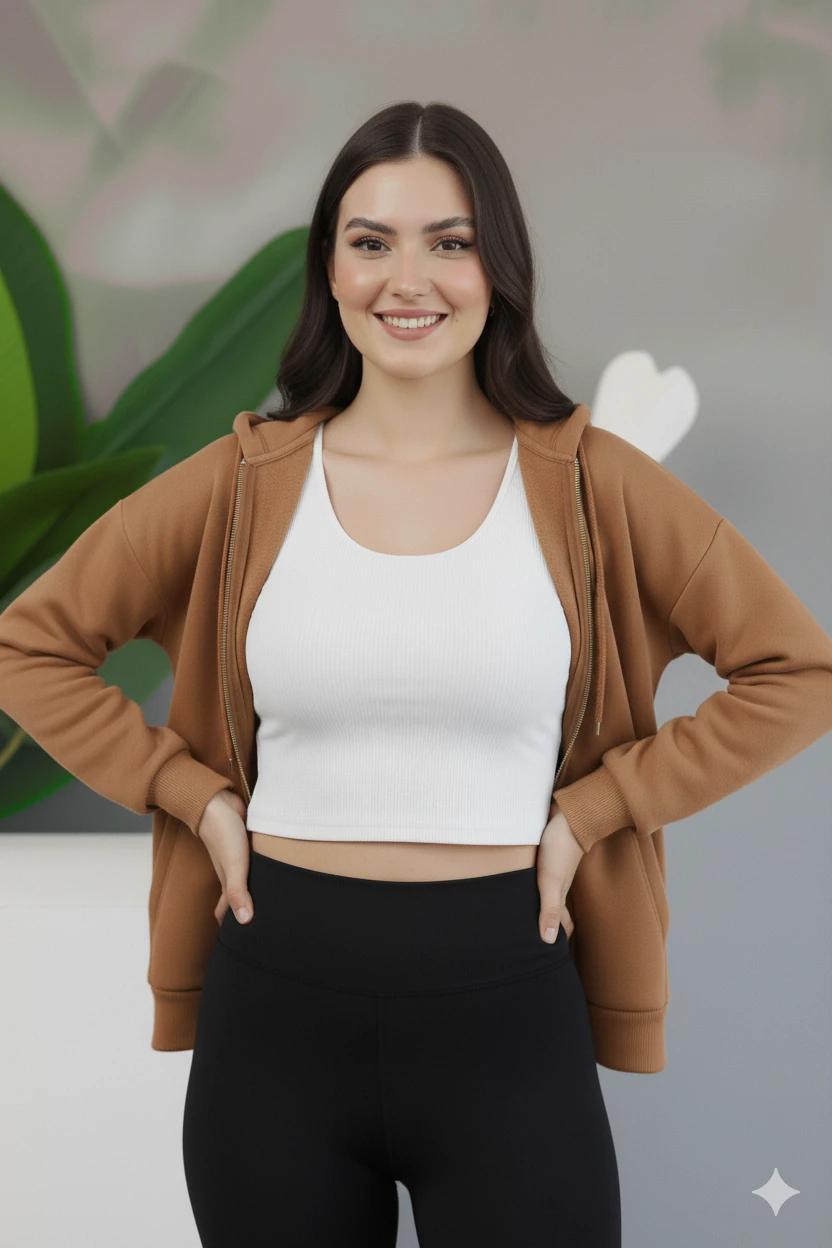 Kadın Genç Unisex Cepli Kapüşonlu Fermuarlı Sweatshirt Hırka - Açık Kahve