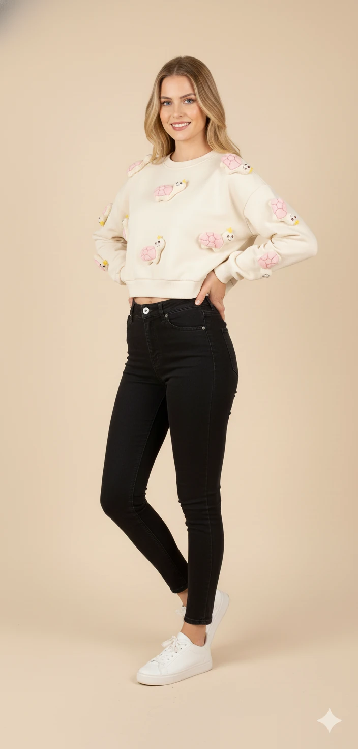 Kadın 3D Figürlü Crop Sweat Kabartmalı Karakter Desenli Bisiklet Yaka Uzun Kollu Kısa Sweat - Siyah