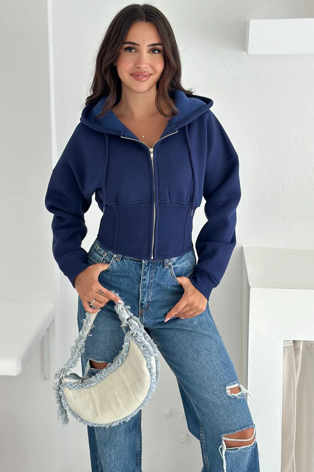 Kadın Siyah Fermuarlı Hoodie SWEAT – Minimal Sokak Ruhuyla - Lacivert