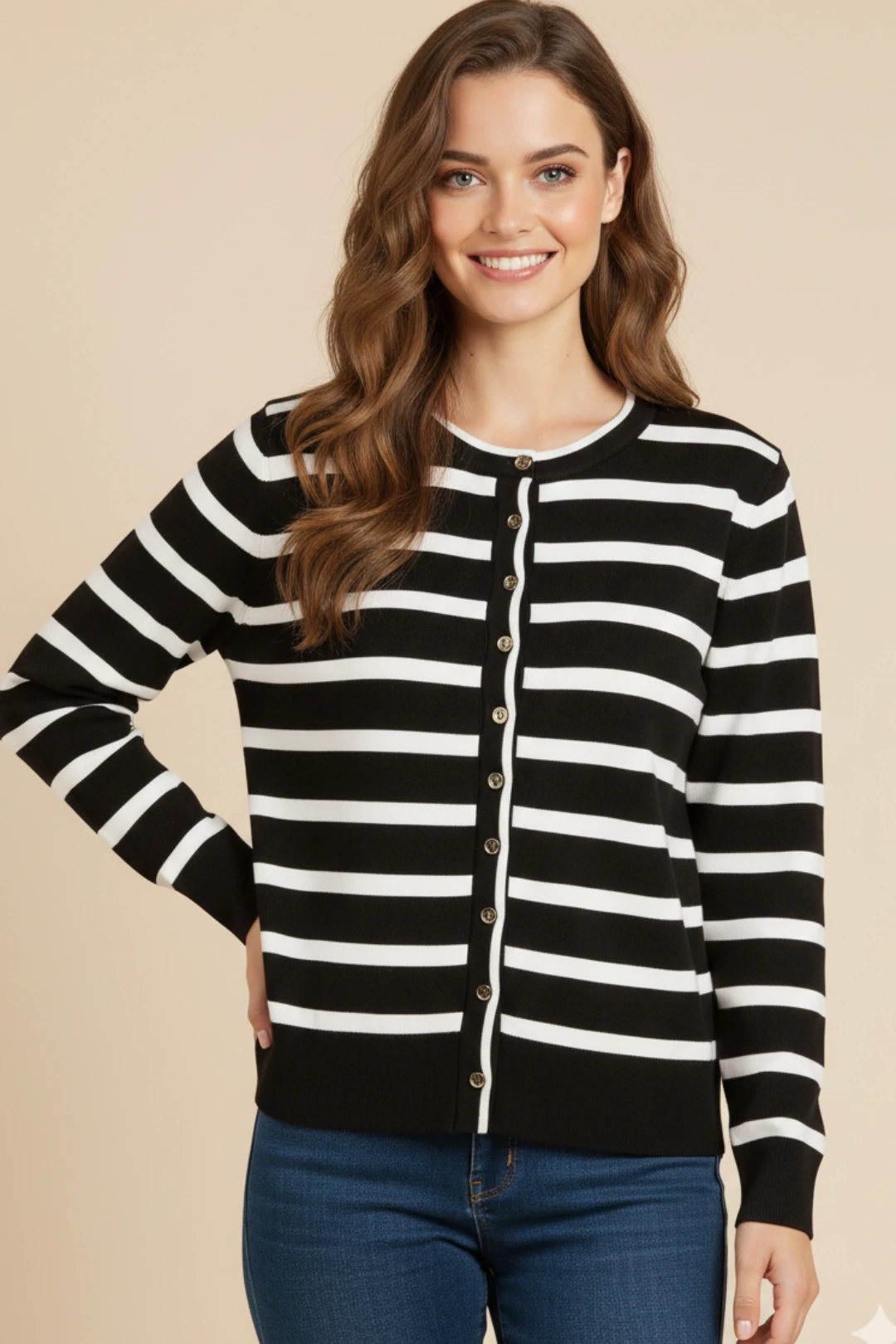 Cemo Basic Düğmeli Çizgili Uzun Kollu İnce Triko - Kahve-Taş