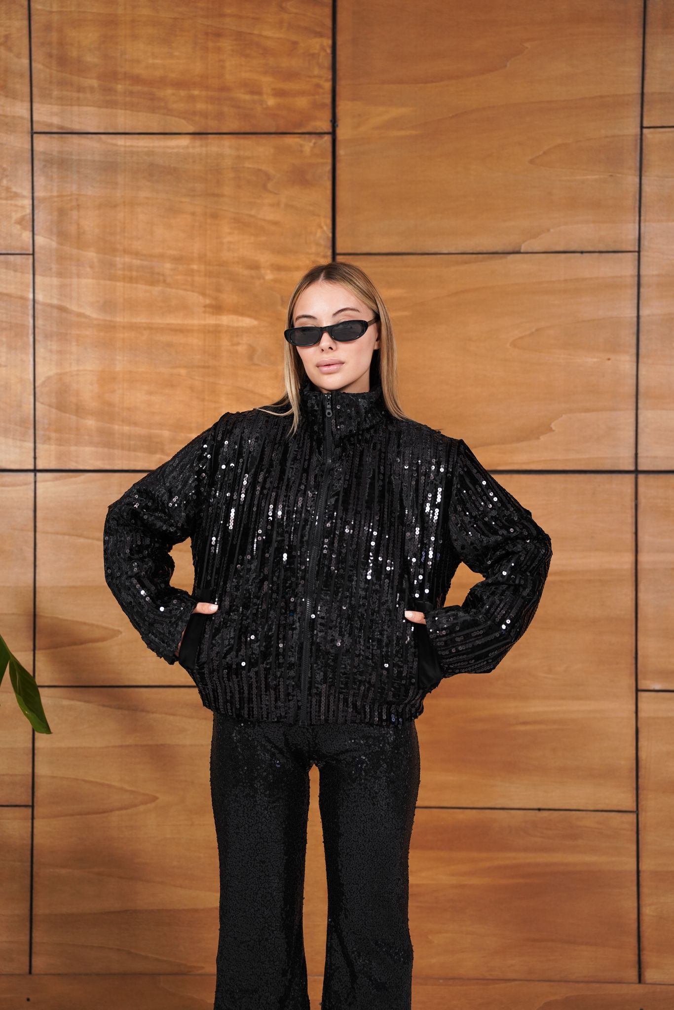 Cemo Full Pul Payetli Siyah Fermuarlı Bomber Ceket