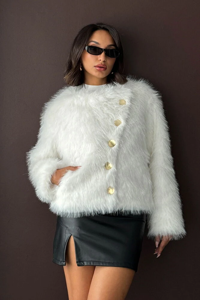 Kadın Vintage Peluş Tüylü Crop Ceket Altın Düğmeli Bisiklet Yaka Kışlık Şık Ceket - Krem