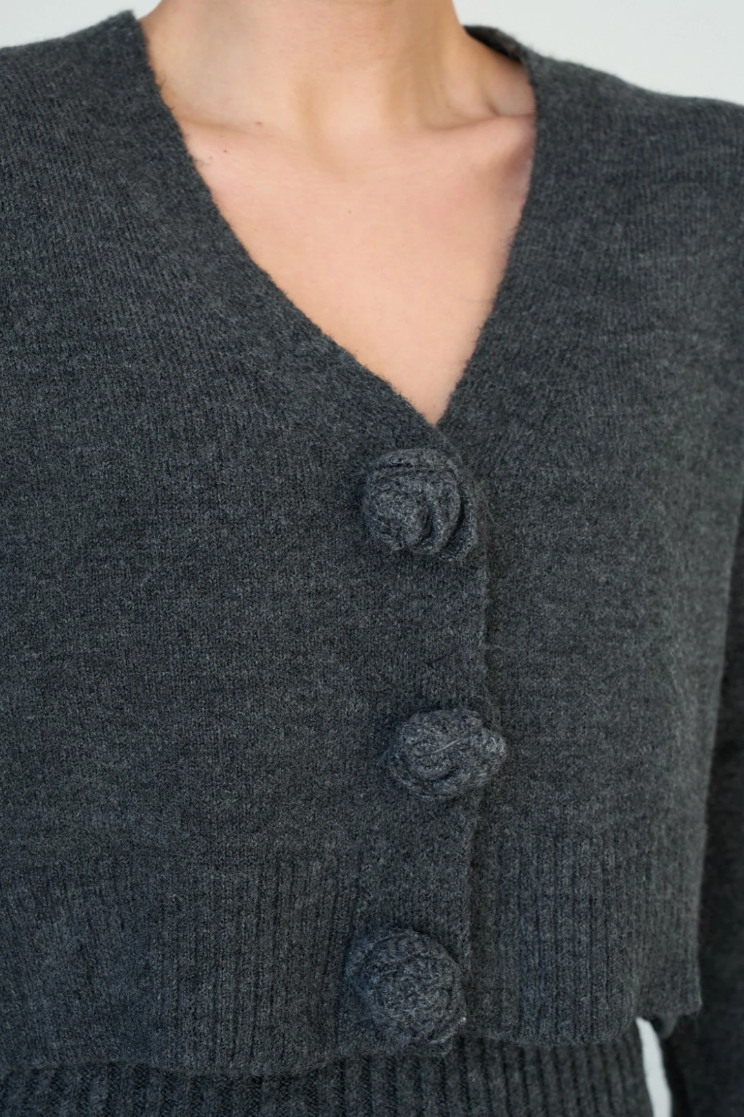 Kadıni Örgü Kısa Hırka Kazak - Antrasit