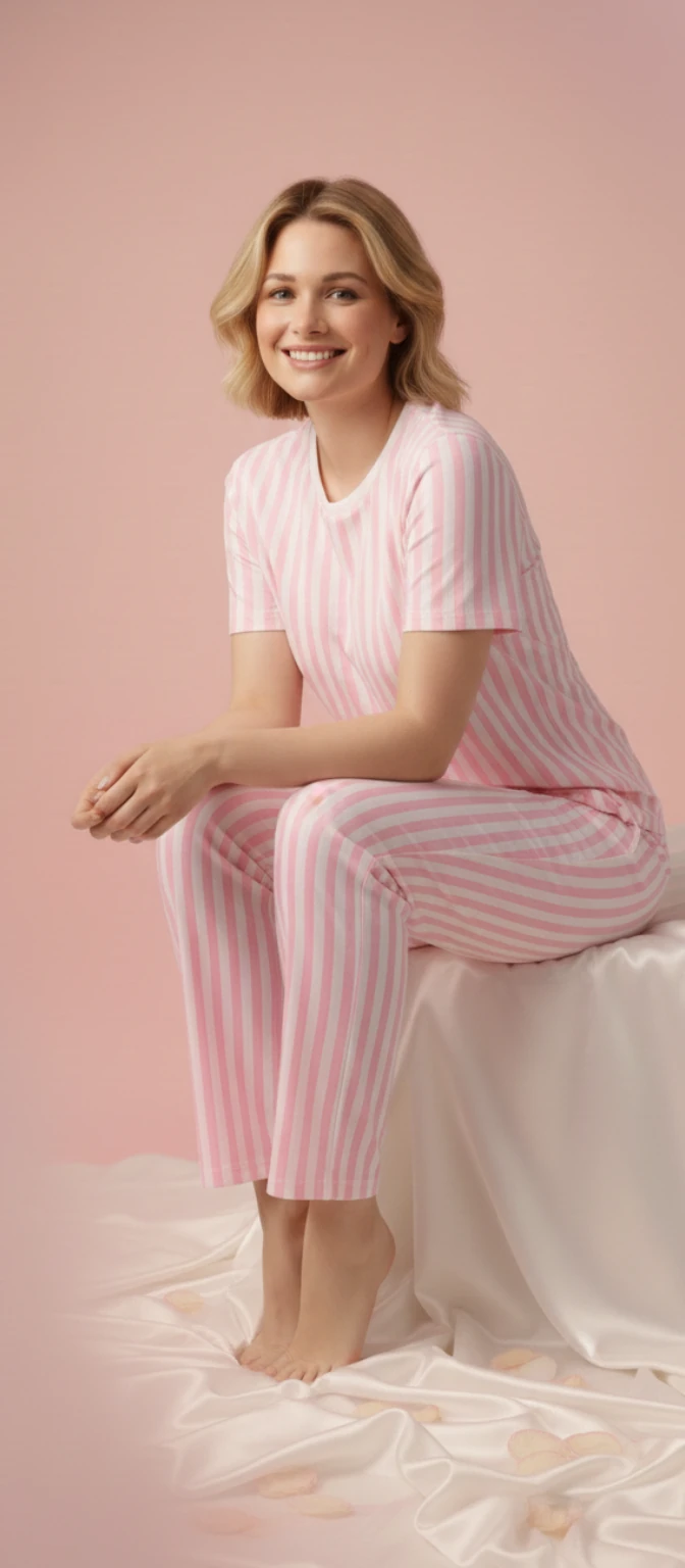 Pembe Beyaz Çizgili Kısa Kollu Pijama