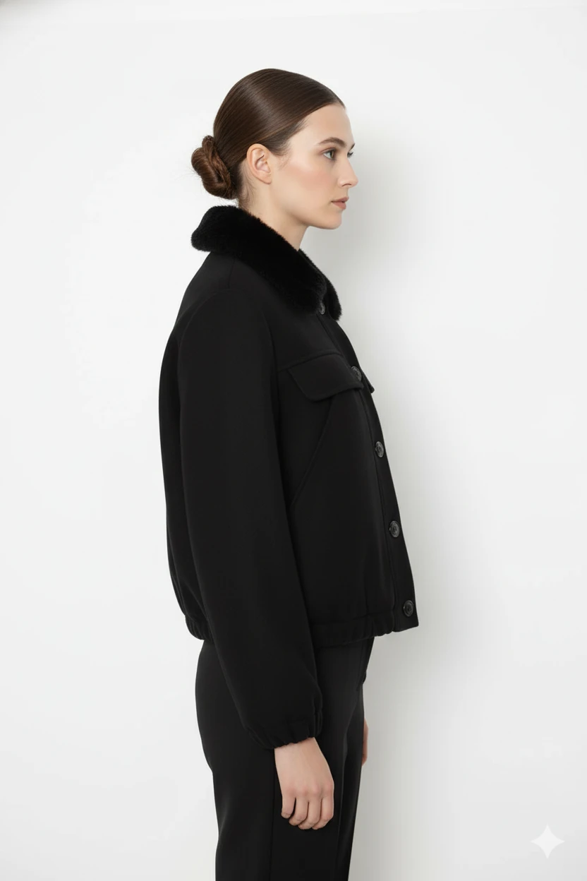 Cemo Kuzu Kürk Yakalı Düğmeli Kısa Suni Deri Ceket - Siyah