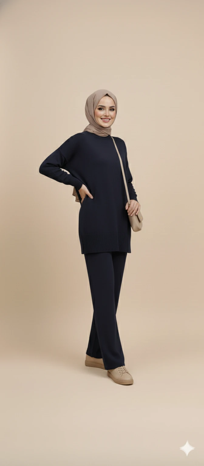 Triko Tunik Pantolon Tesettür Takım - Lacivert