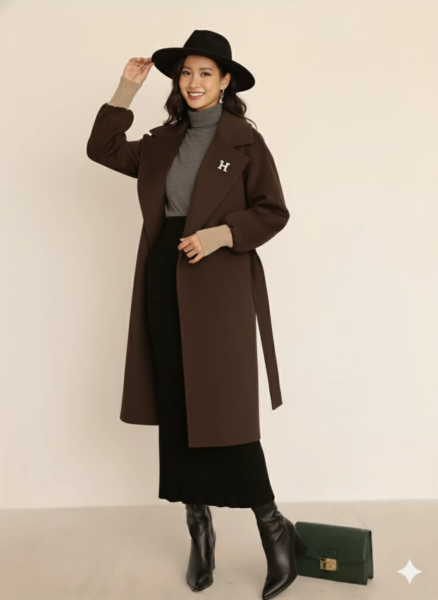 Kadın Siyah Kaşe Uzun Kaban Maksi Boy Palto Geniş Yakalı Düz ​​Kesim Kışlık  - Kahverengi