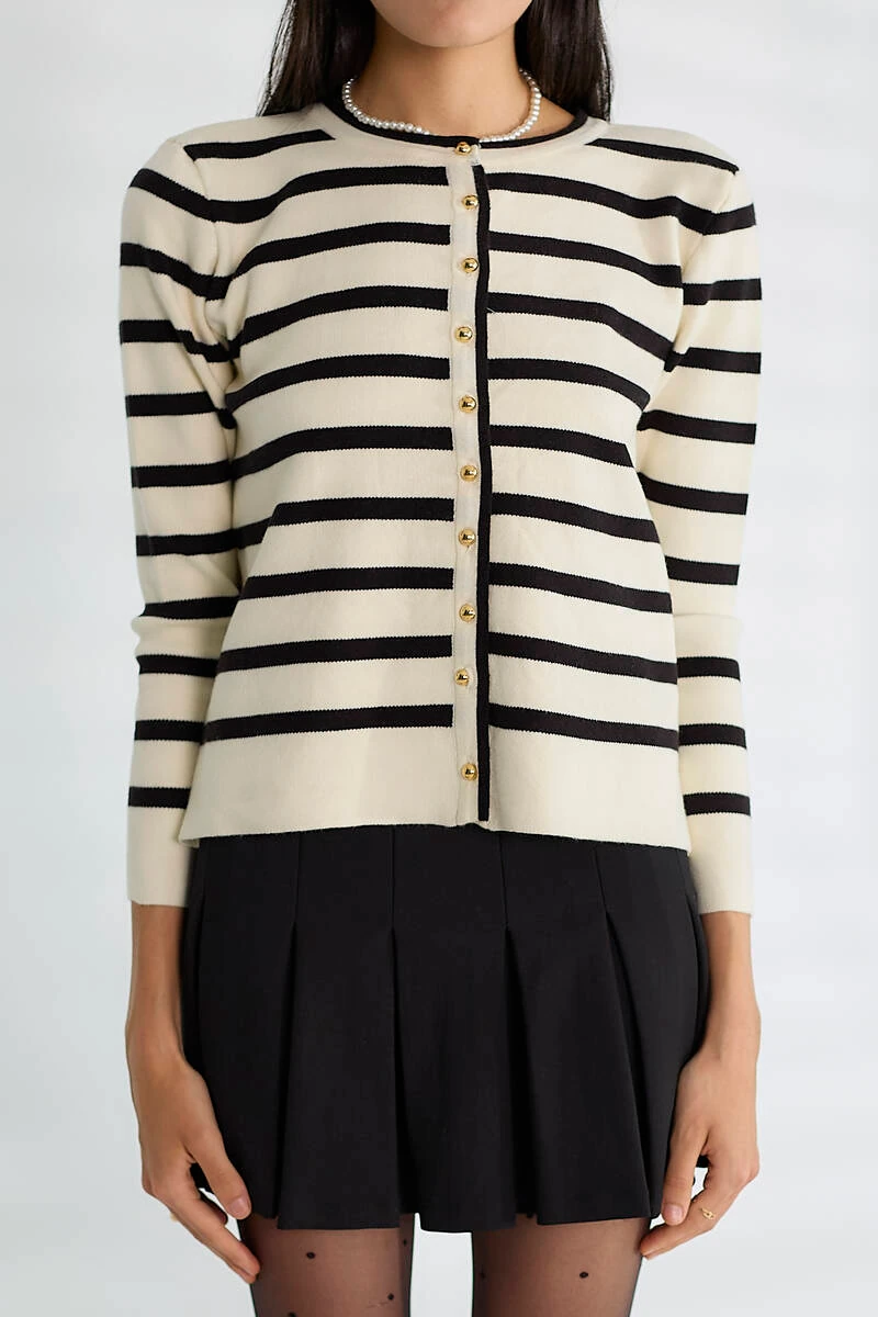 Cemo Basic Düğmeli Çizgili Uzun Kollu İnce Triko - Taş-Kahve