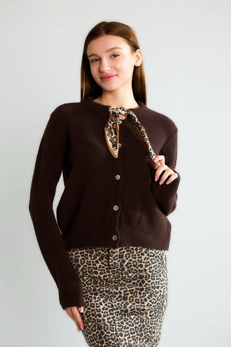 Cemo Ofis Şıklığı Düğmeli Uzun Kollu Triko Ceket - Koyu Kahve