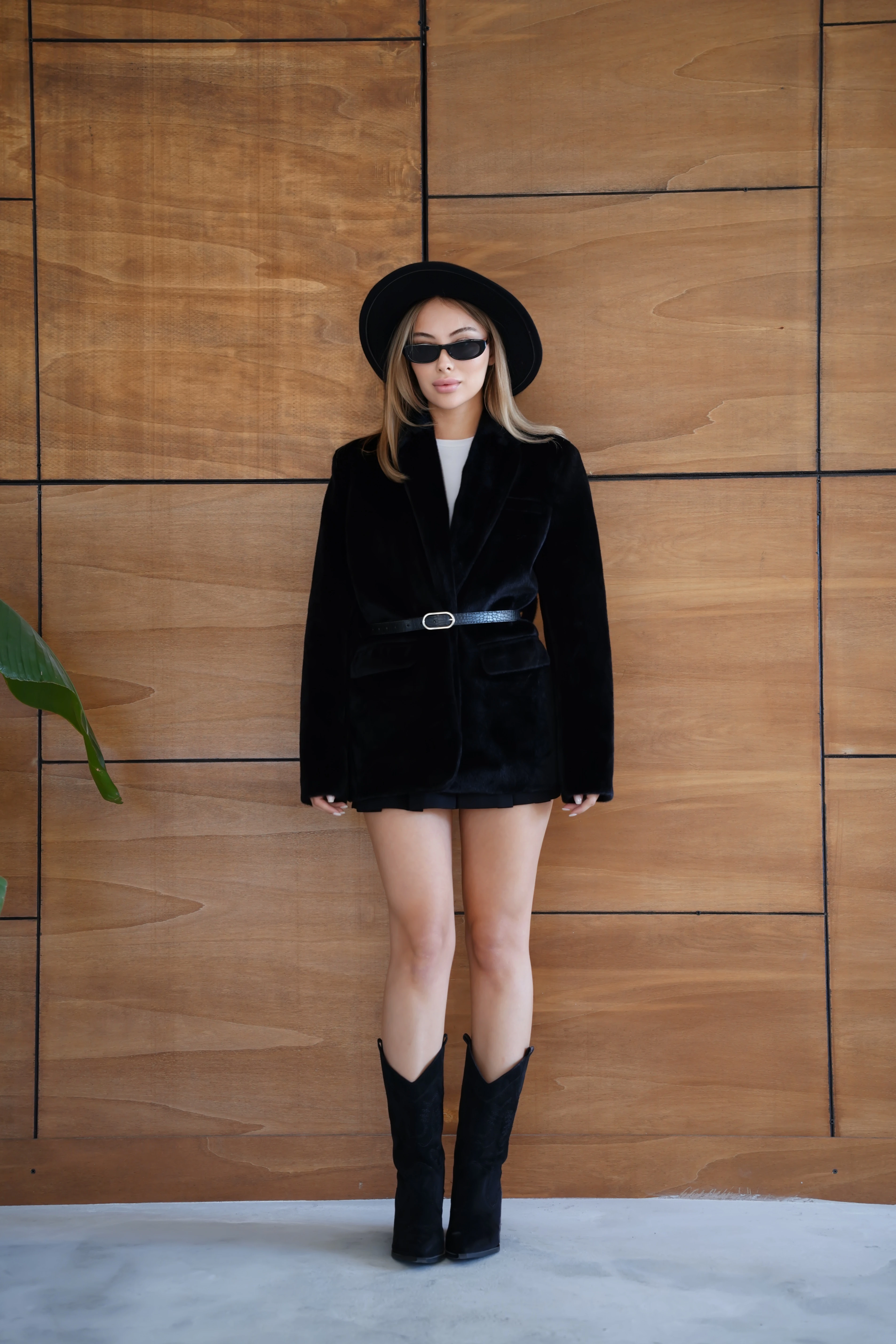 Suni Kürk Uzun Kollu Astarlı Blazer Ceket Kışlık Şık Kadın Peluş Ceket - Siyah