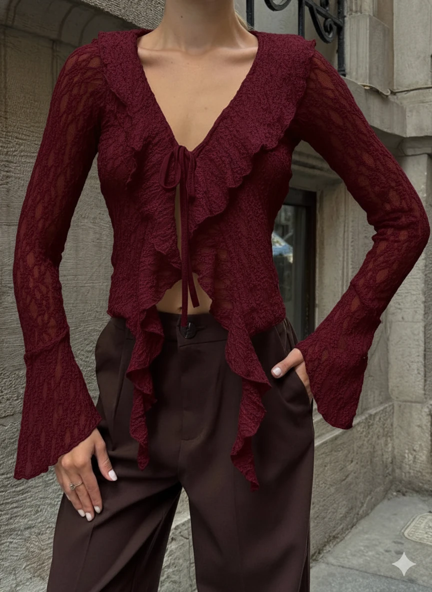 Siyah Dantel Bağlama Detaylı Bluz - Bordo