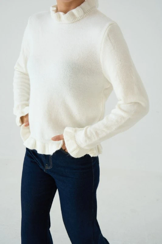 Fırfır Detaylı Viskon Triko Kazak - KEMİK