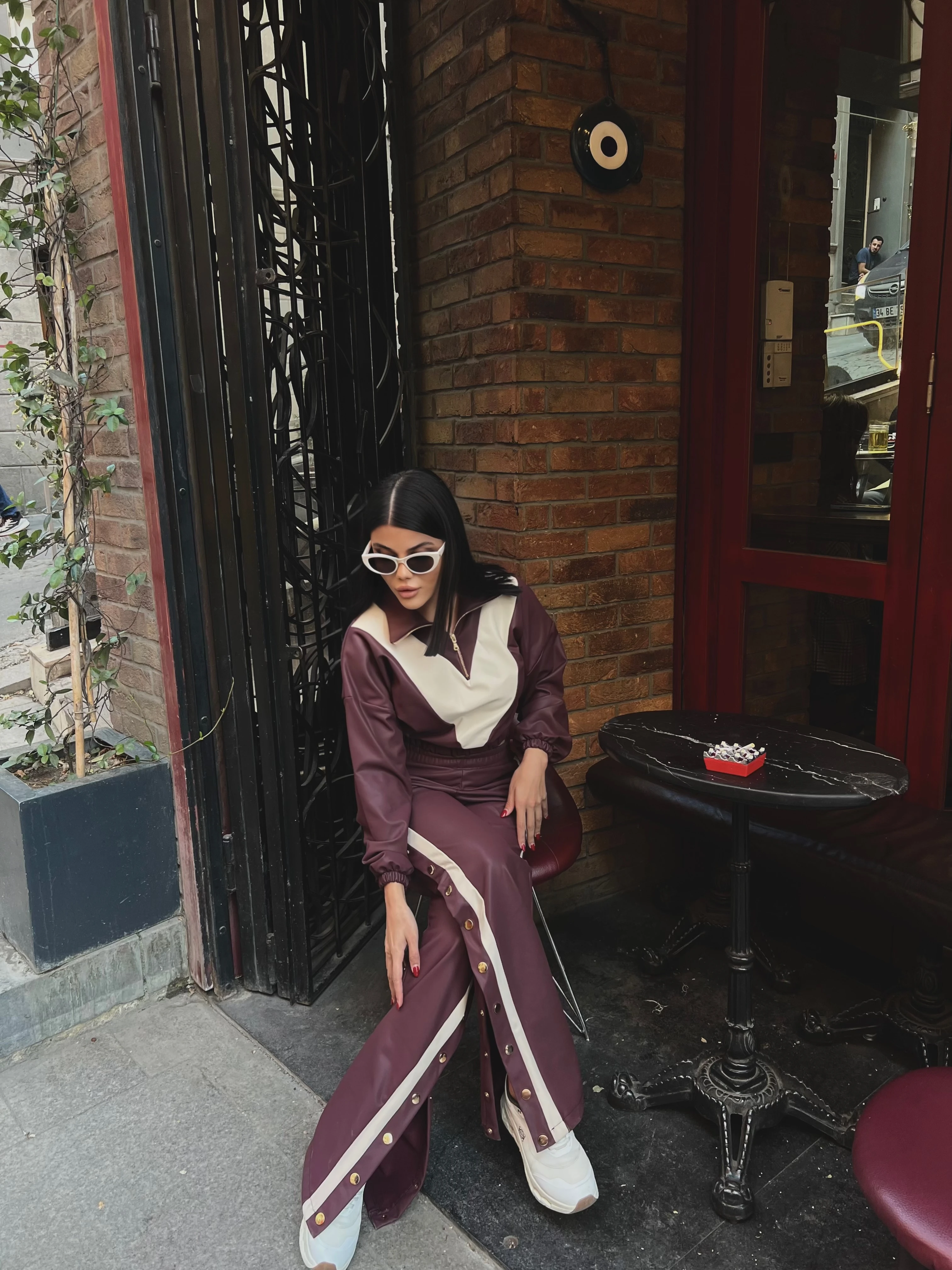 Fermuarlı Şerit Detaylı Deri Cıtcıtlı Takım