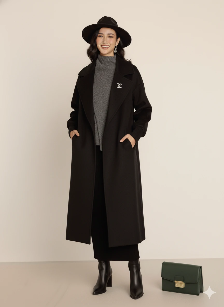 Kadın Siyah Kaşe Uzun Kaban Maksi Boy Palto Geniş Yakalı Düz ​​Kesim Kışlık  - Siyah