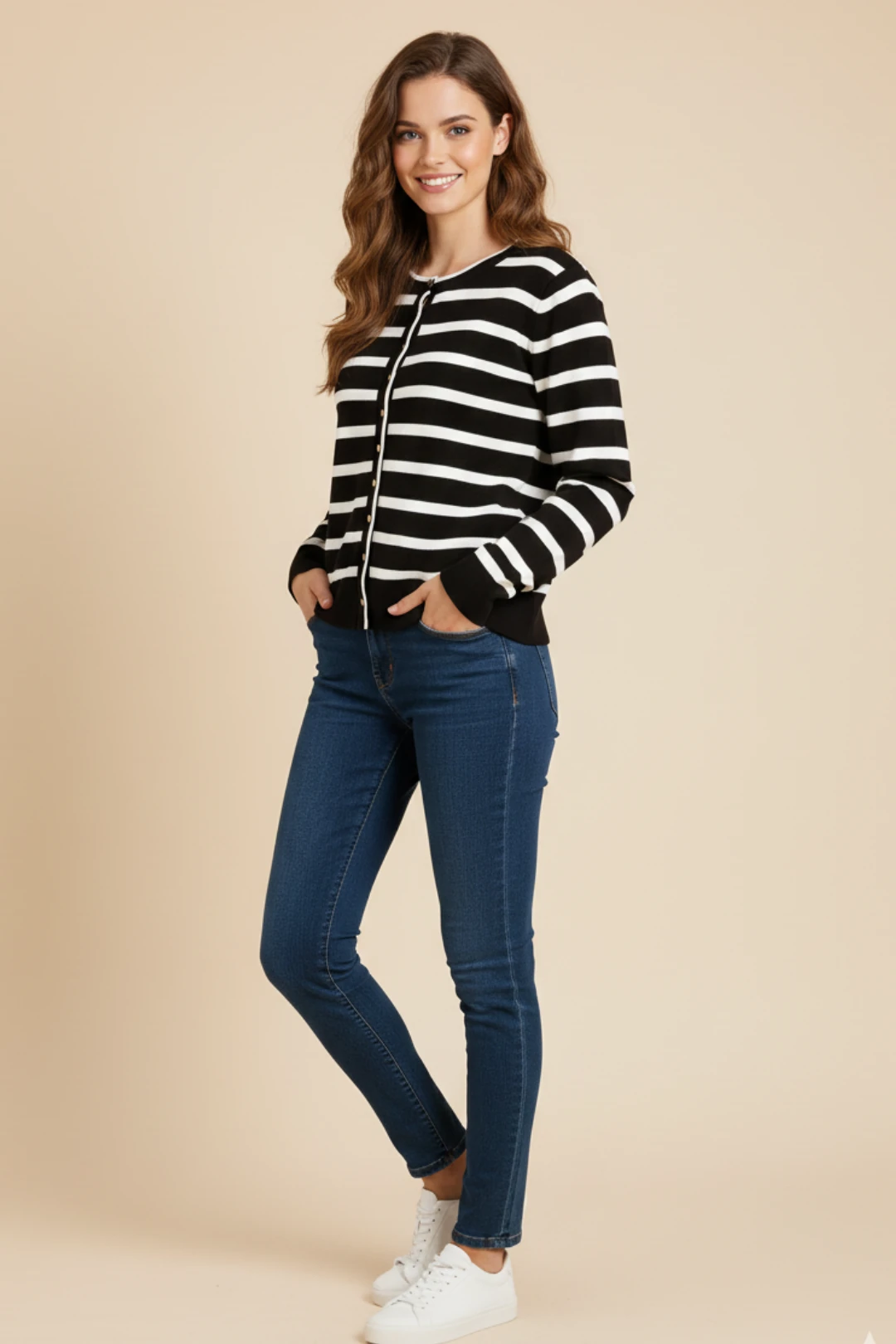 Cemo Basic Düğmeli Çizgili Uzun Kollu İnce Triko - Kahve-Taş