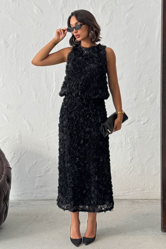 Gül Desenli Tül  Etek - Siyah