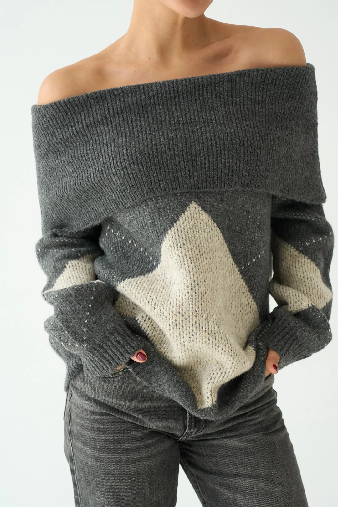 Kayık Yaka Baklava Desenli Oversize Triko Kazak