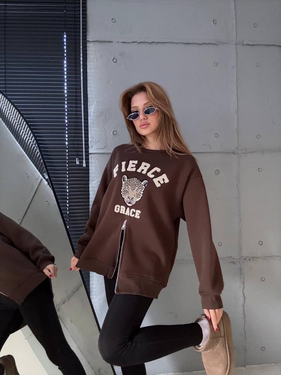 Fermuarlı Leopar Baskılı Oversize Siyah Sweat - Kahverengi
