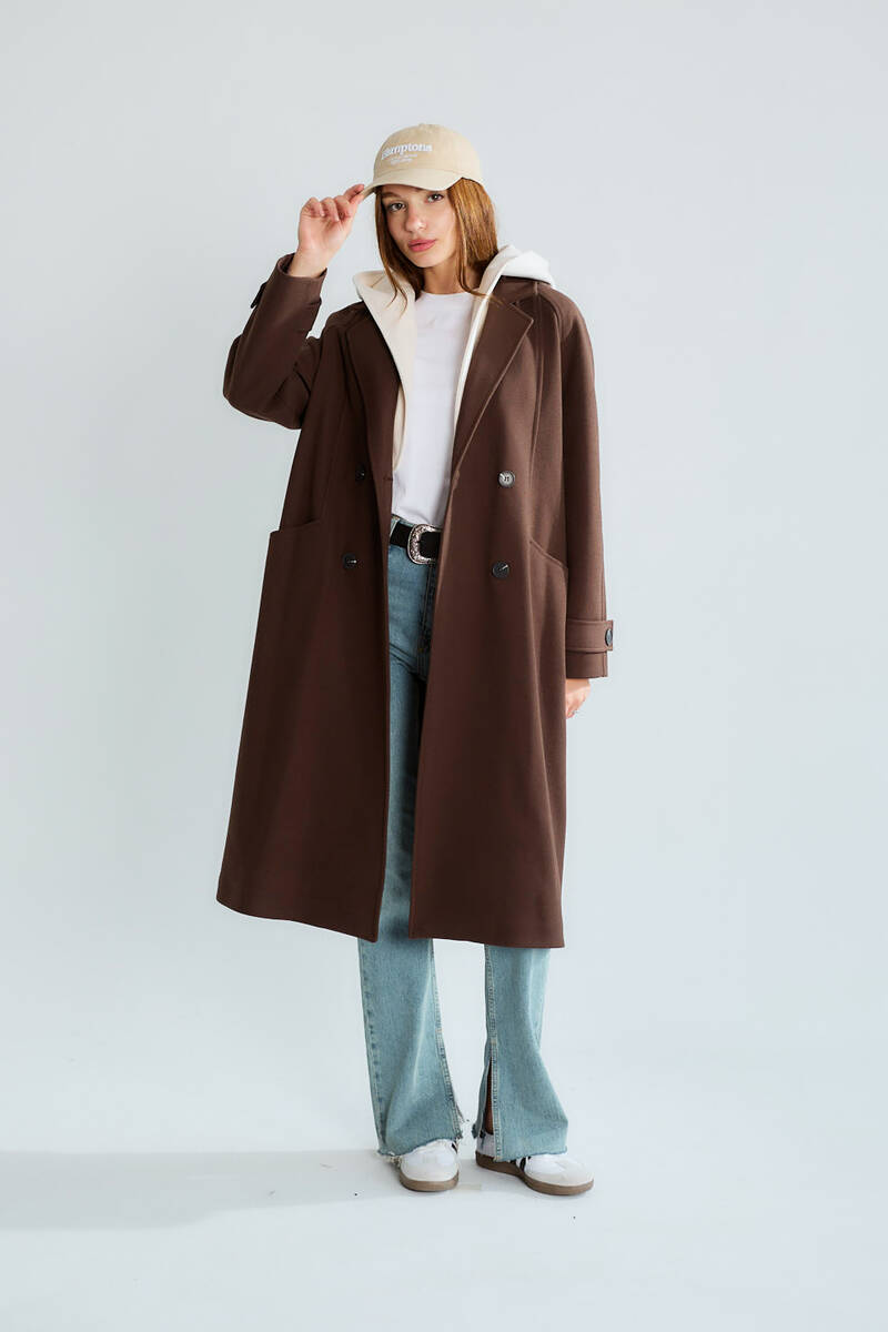 KADIN KAPŞONLU KEMERLİ DÜĞMELİ KABAN