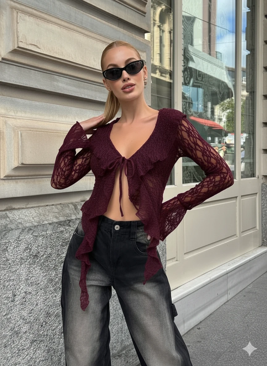 Siyah Dantel Bağlama Detaylı Bluz - Bordo