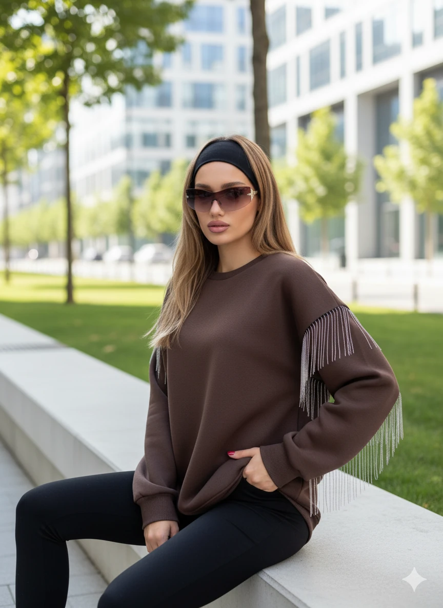 Püsküllü Uzun Kollu Sweat - Kahverengi