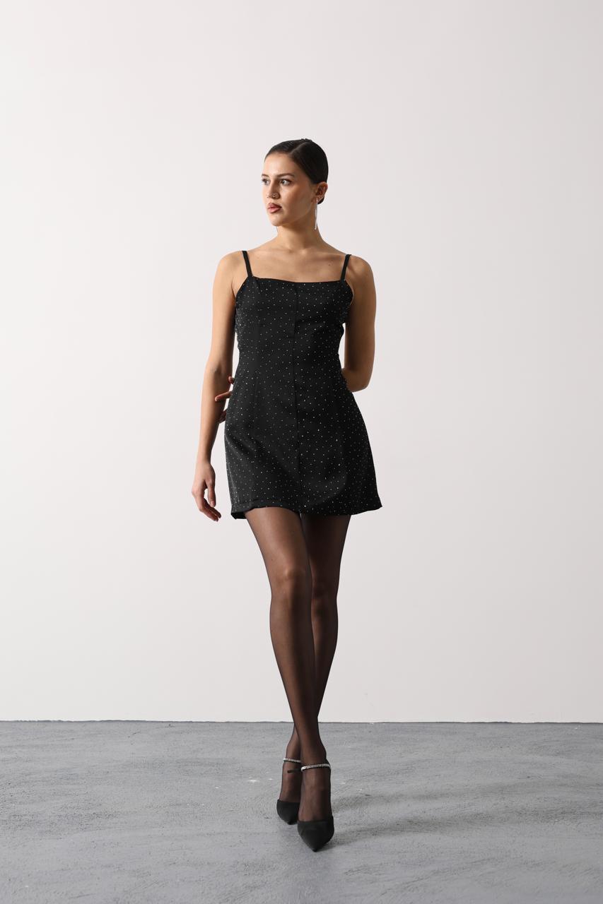 Askılı Mini Elbise Taş Detaylı İnce Askılı