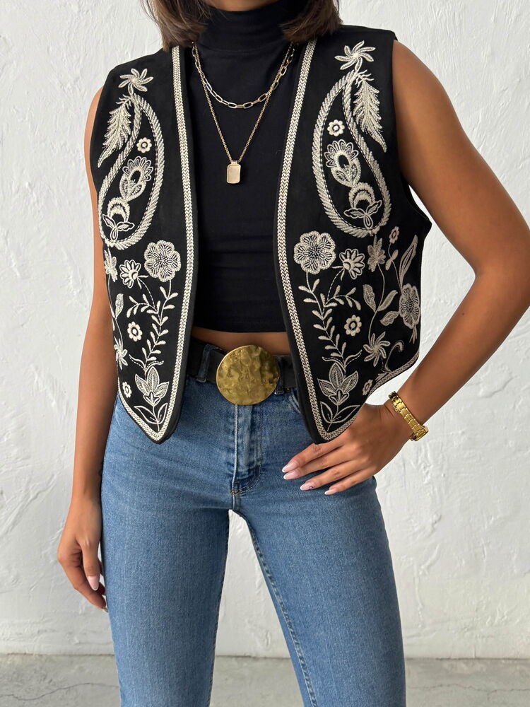 İşlemeli Süet Yelek – Western Tarz Şıklık - Siyah